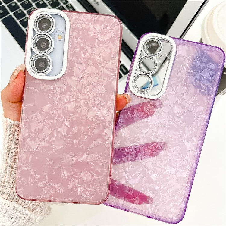 For Samsung Galaxy A36 5G Case IMD Design Shockproof PC+TPU Phone Cover with Glass Lens Film - Shell Pattern / White