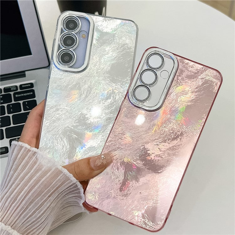 For Samsung Galaxy A36 5G Case IMD Design Shockproof PC+TPU Phone Cover with Glass Lens Film - Foil Pattern / Pink