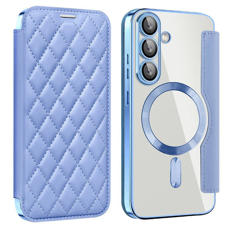 For Samsung Galaxy S25 Case Compatible with MagSafe Rhombus PU Leather Phone Cover - Blue