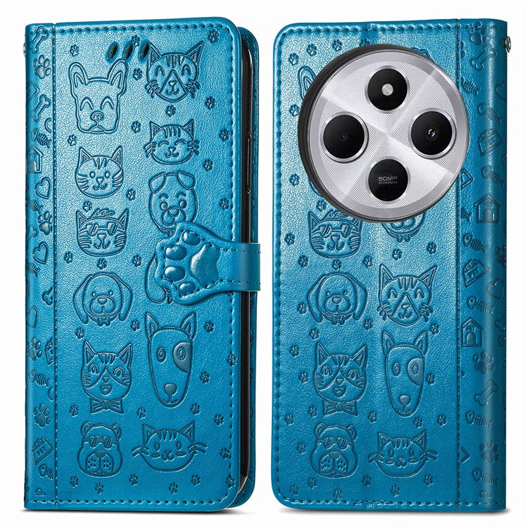 Leather Phone Case For Xiaomi Redmi 14C 4G / 14R 5G / Poco C75 4G Wallet Flip Phone Cover Cute Cat Dog Pattern - Blue