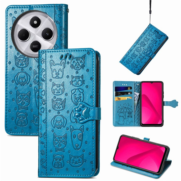 Leather Phone Case For Xiaomi Redmi 14C 4G / 14R 5G / Poco C75 4G Wallet Flip Phone Cover Cute Cat Dog Pattern - Blue