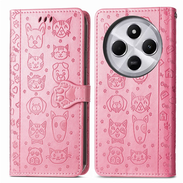 Leather Phone Case For Xiaomi Redmi 14C 4G / 14R 5G / Poco C75 4G Wallet Flip Phone Cover Cute Cat Dog Pattern - Pink