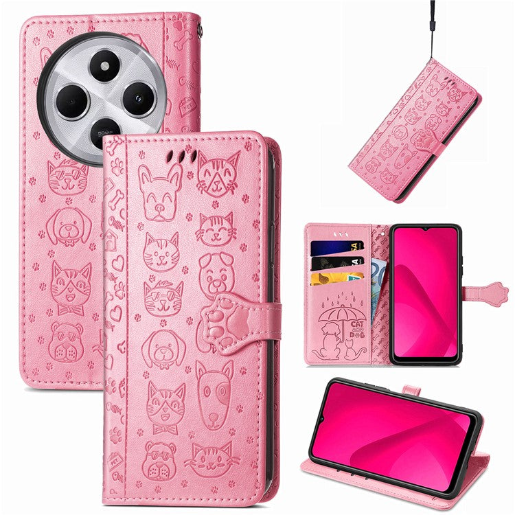 Leather Phone Case For Xiaomi Redmi 14C 4G / 14R 5G / Poco C75 4G Wallet Flip Phone Cover Cute Cat Dog Pattern - Pink