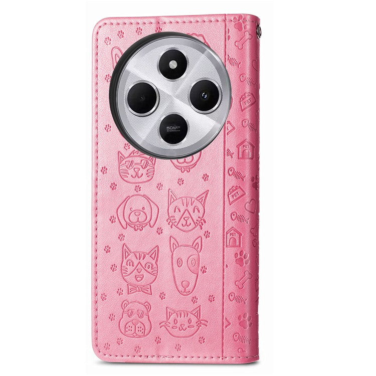 Leather Phone Case For Xiaomi Redmi 14C 4G / 14R 5G / Poco C75 4G Wallet Flip Phone Cover Cute Cat Dog Pattern - Pink