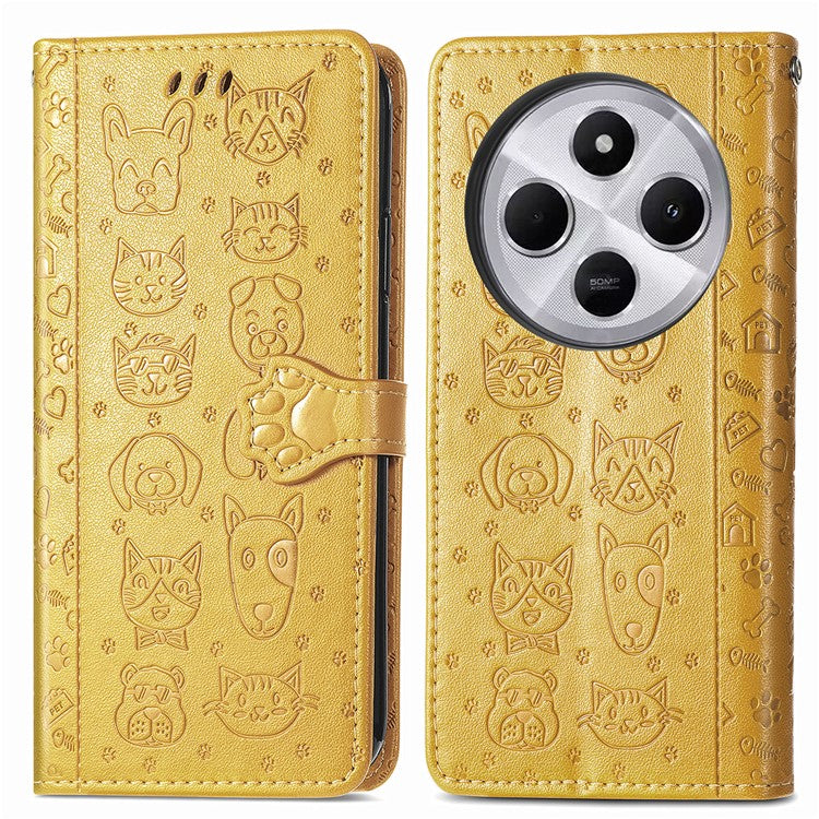 Leather Phone Case For Xiaomi Redmi 14C 4G / 14R 5G / Poco C75 4G Wallet Flip Phone Cover Cute Cat Dog Pattern - Yellow