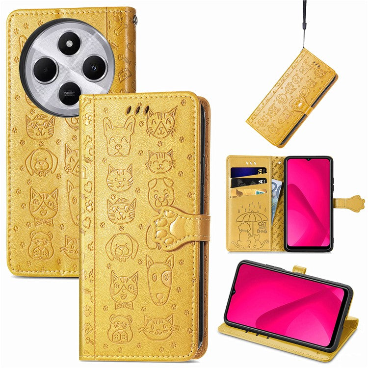 Leather Phone Case For Xiaomi Redmi 14C 4G / 14R 5G / Poco C75 4G Wallet Flip Phone Cover Cute Cat Dog Pattern - Yellow