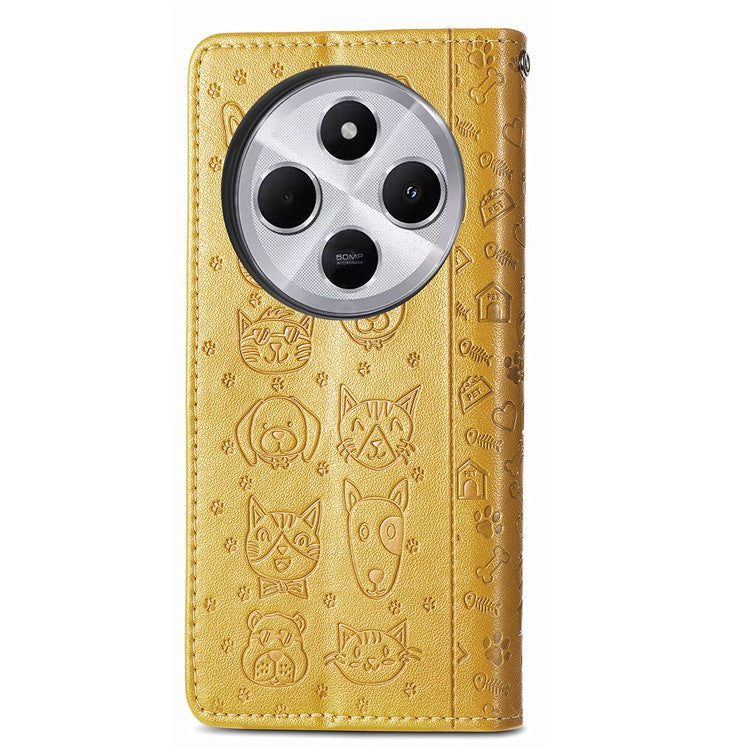 Leather Phone Case For Xiaomi Redmi 14C 4G / 14R 5G / Poco C75 4G Wallet Flip Phone Cover Cute Cat Dog Pattern - Yellow