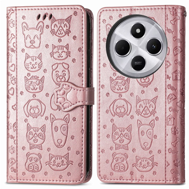 Leather Phone Case For Xiaomi Redmi 14C 4G / 14R 5G / Poco C75 4G Wallet Flip Phone Cover Cute Cat Dog Pattern - Rose Gold