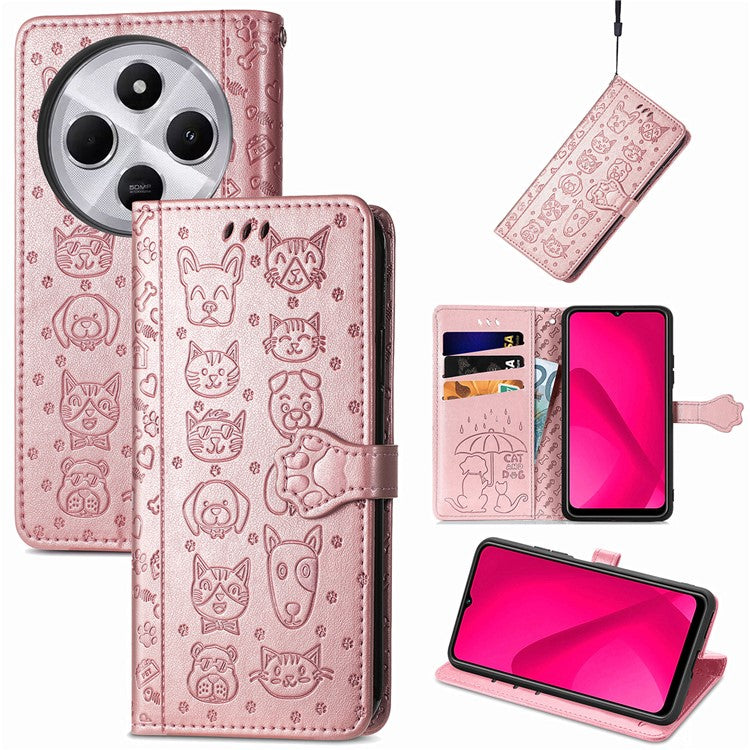 Leather Phone Case For Xiaomi Redmi 14C 4G / 14R 5G / Poco C75 4G Wallet Flip Phone Cover Cute Cat Dog Pattern - Rose Gold