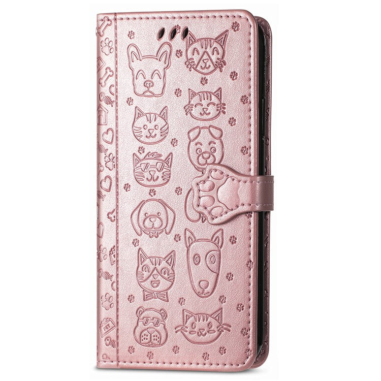 Leather Phone Case For Xiaomi Redmi 14C 4G / 14R 5G / Poco C75 4G Wallet Flip Phone Cover Cute Cat Dog Pattern - Rose Gold