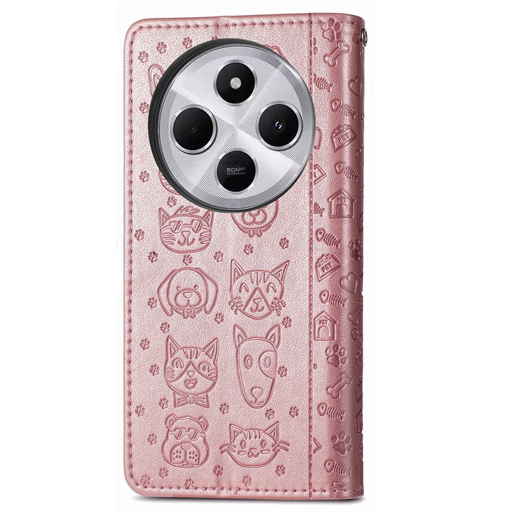 Leather Phone Case For Xiaomi Redmi 14C 4G / 14R 5G / Poco C75 4G Wallet Flip Phone Cover Cute Cat Dog Pattern - Rose Gold