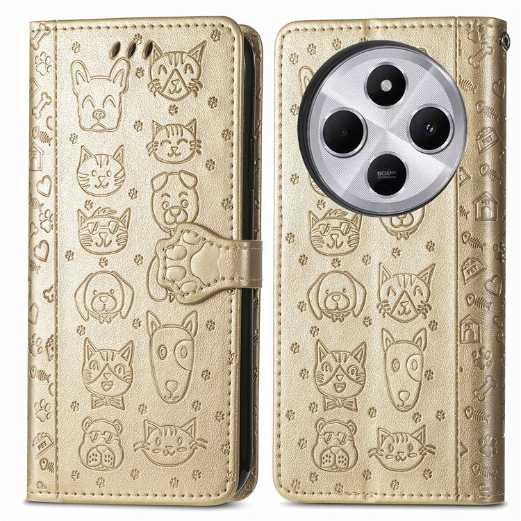 Leather Phone Case For Xiaomi Redmi 14C 4G / 14R 5G / Poco C75 4G Wallet Flip Phone Cover Cute Cat Dog Pattern - Gold