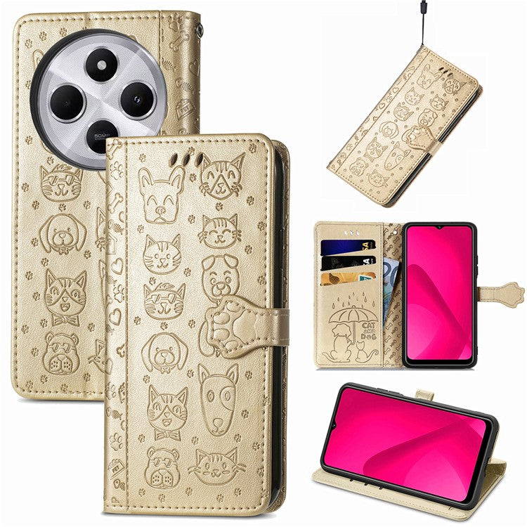 Leather Phone Case For Xiaomi Redmi 14C 4G / 14R 5G / Poco C75 4G Wallet Flip Phone Cover Cute Cat Dog Pattern - Gold