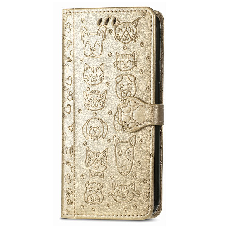 Leather Phone Case For Xiaomi Redmi 14C 4G / 14R 5G / Poco C75 4G Wallet Flip Phone Cover Cute Cat Dog Pattern - Gold