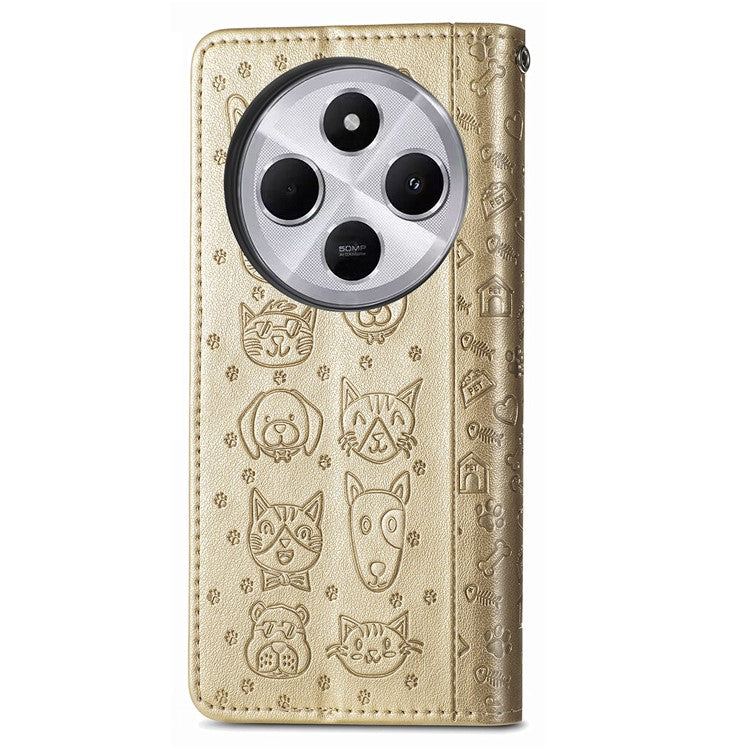 Leather Phone Case For Xiaomi Redmi 14C 4G / 14R 5G / Poco C75 4G Wallet Flip Phone Cover Cute Cat Dog Pattern - Gold