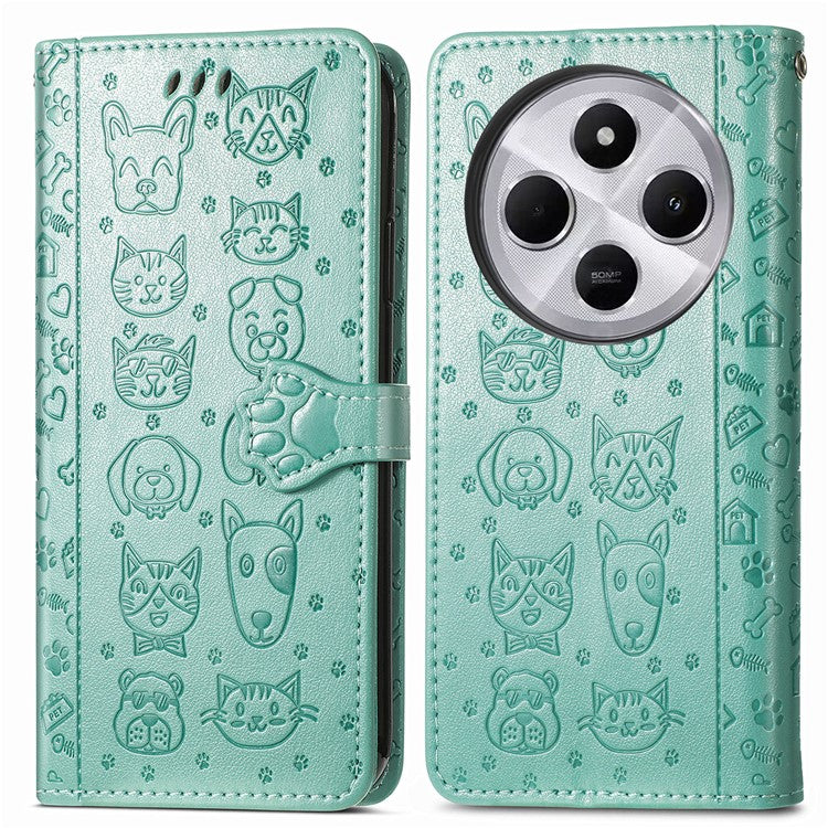 Leather Phone Case For Xiaomi Redmi 14C 4G / 14R 5G / Poco C75 4G Wallet Flip Phone Cover Cute Cat Dog Pattern - Green