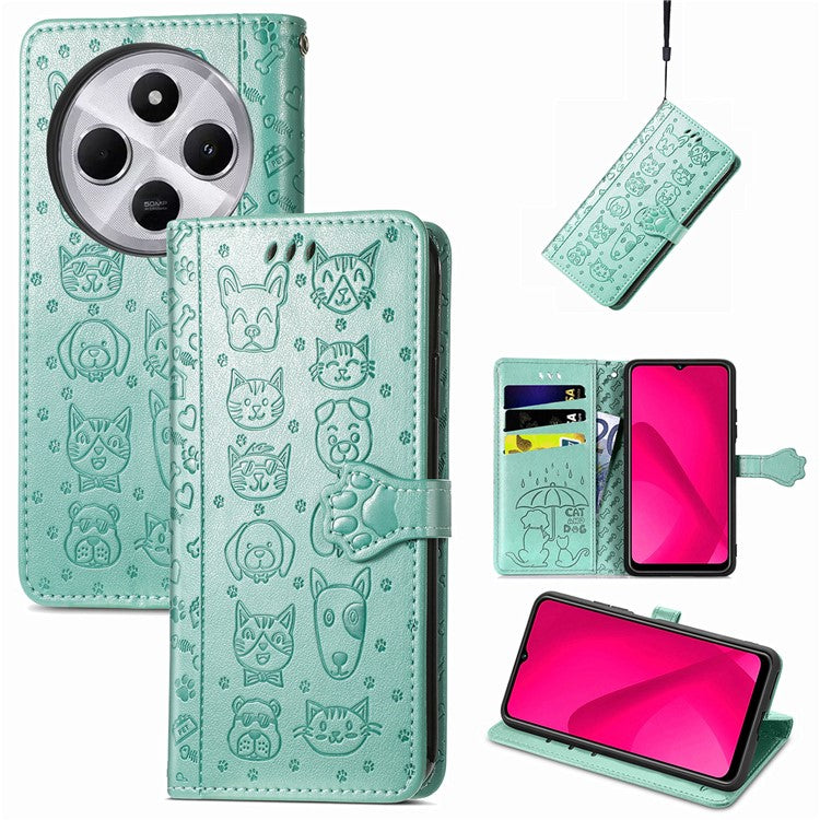 Leather Phone Case For Xiaomi Redmi 14C 4G / 14R 5G / Poco C75 4G Wallet Flip Phone Cover Cute Cat Dog Pattern - Green