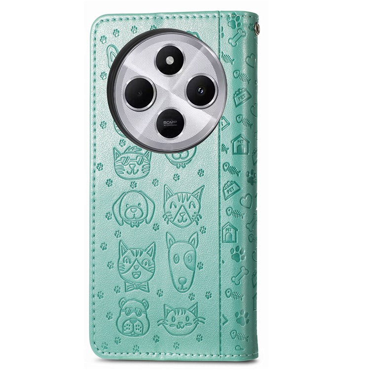 Leather Phone Case For Xiaomi Redmi 14C 4G / 14R 5G / Poco C75 4G Wallet Flip Phone Cover Cute Cat Dog Pattern - Green