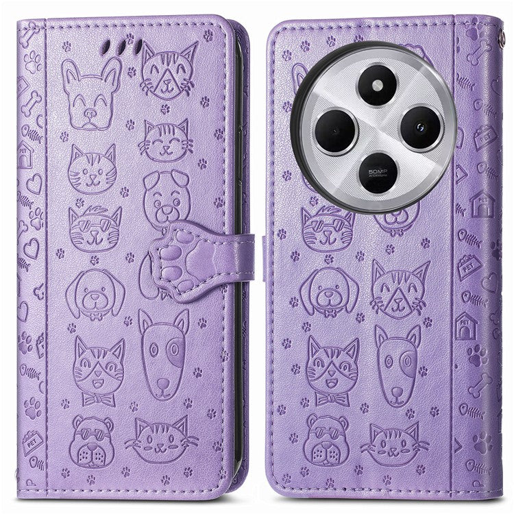 Leather Phone Case For Xiaomi Redmi 14C 4G / 14R 5G / Poco C75 4G Wallet Flip Phone Cover Cute Cat Dog Pattern - Light Purple