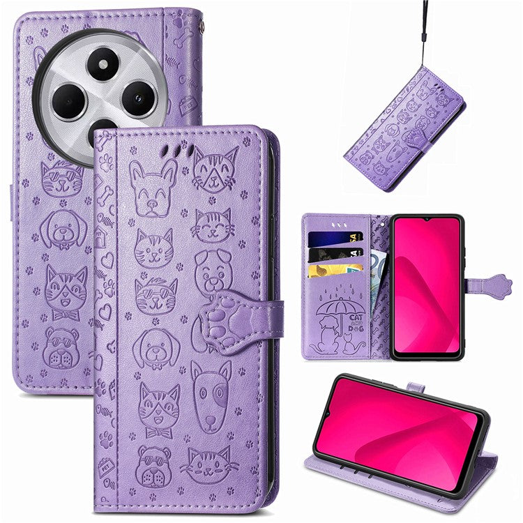 Leather Phone Case For Xiaomi Redmi 14C 4G / 14R 5G / Poco C75 4G Wallet Flip Phone Cover Cute Cat Dog Pattern - Light Purple