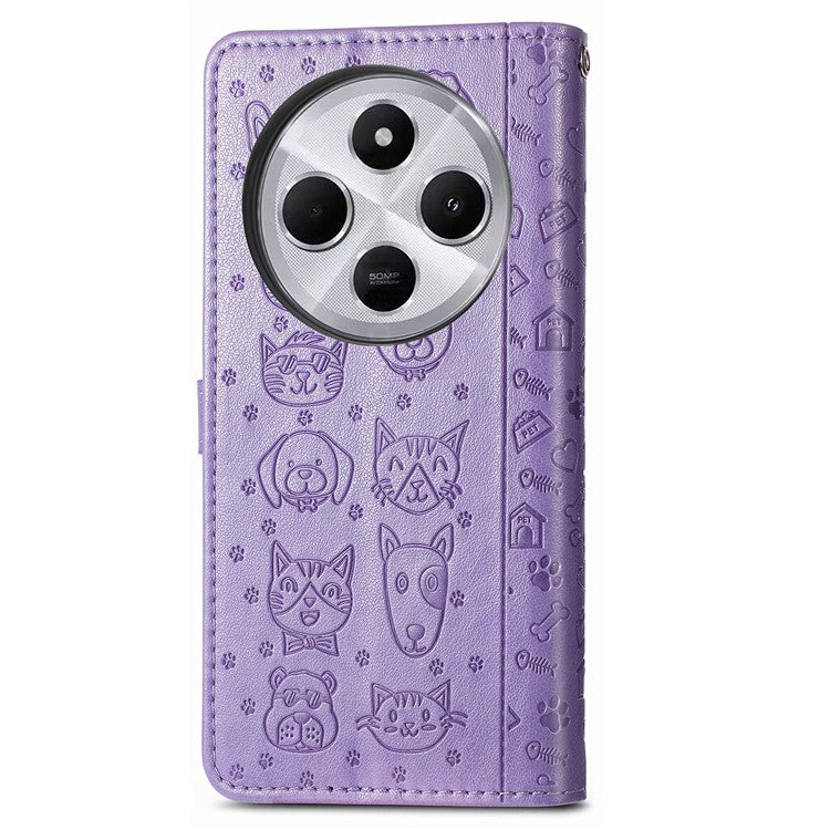 Leather Phone Case For Xiaomi Redmi 14C 4G / 14R 5G / Poco C75 4G Wallet Flip Phone Cover Cute Cat Dog Pattern - Light Purple