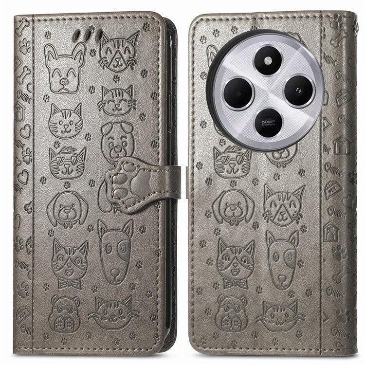 Leather Phone Case For Xiaomi Redmi 14C 4G / 14R 5G / Poco C75 4G Wallet Flip Phone Cover Cute Cat Dog Pattern - Grey