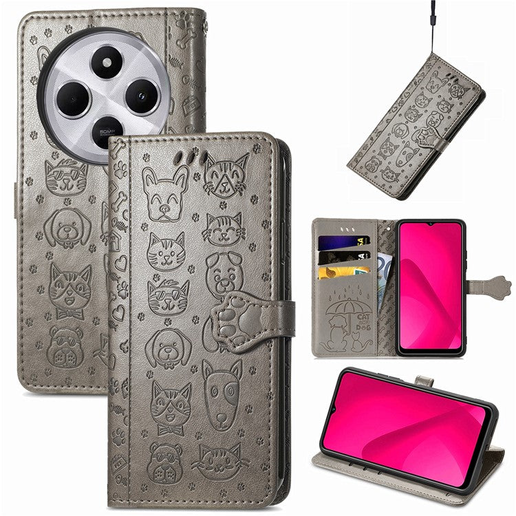 Leather Phone Case For Xiaomi Redmi 14C 4G / 14R 5G / Poco C75 4G Wallet Flip Phone Cover Cute Cat Dog Pattern - Grey