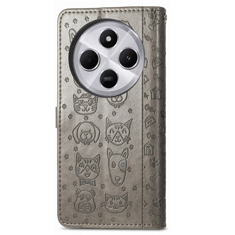 Leather Phone Case For Xiaomi Redmi 14C 4G / 14R 5G / Poco C75 4G Wallet Flip Phone Cover Cute Cat Dog Pattern - Grey