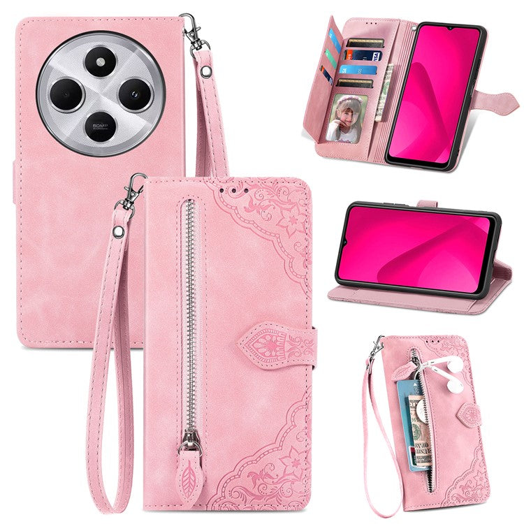 Zipper Wallet Phone Case For Xiaomi Redmi 14C 4G / 14R 5G / Poco C75 4G PU Leather Flower Imprint Phone Cover - Pink