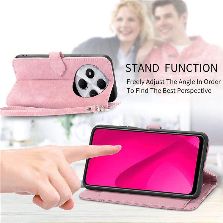 Zipper Wallet Phone Case For Xiaomi Redmi 14C 4G / 14R 5G / Poco C75 4G PU Leather Flower Imprint Phone Cover - Pink