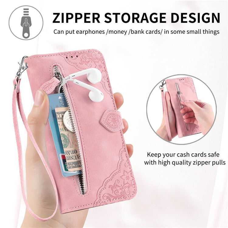 Zipper Wallet Phone Case For Xiaomi Redmi 14C 4G / 14R 5G / Poco C75 4G PU Leather Flower Imprint Phone Cover - Pink