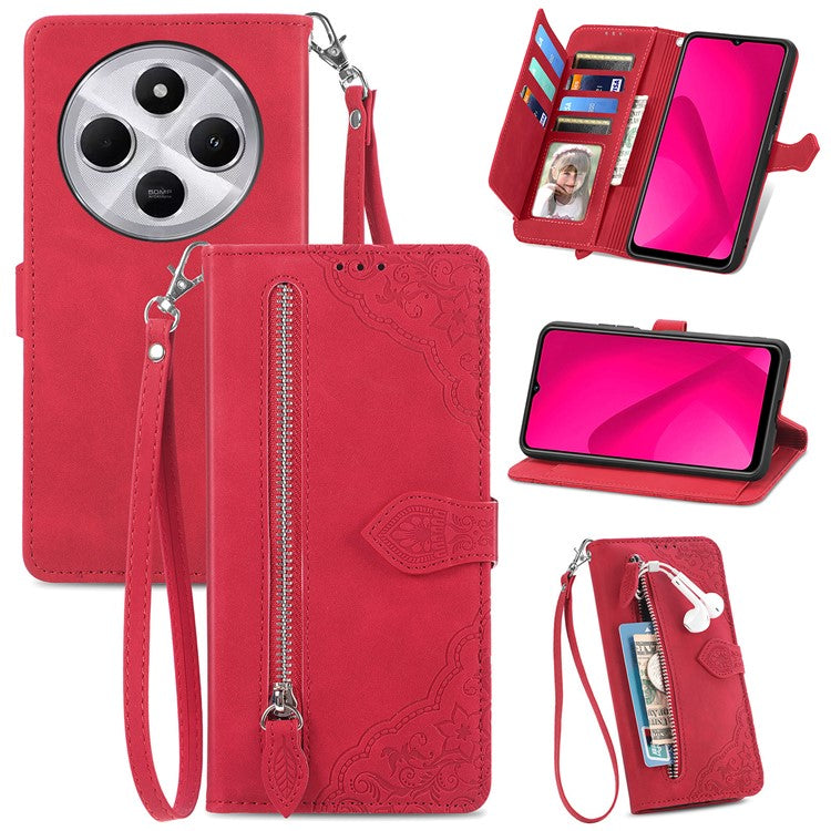 Zipper Wallet Phone Case For Xiaomi Redmi 14C 4G / 14R 5G / Poco C75 4G PU Leather Flower Imprint Phone Cover - Red