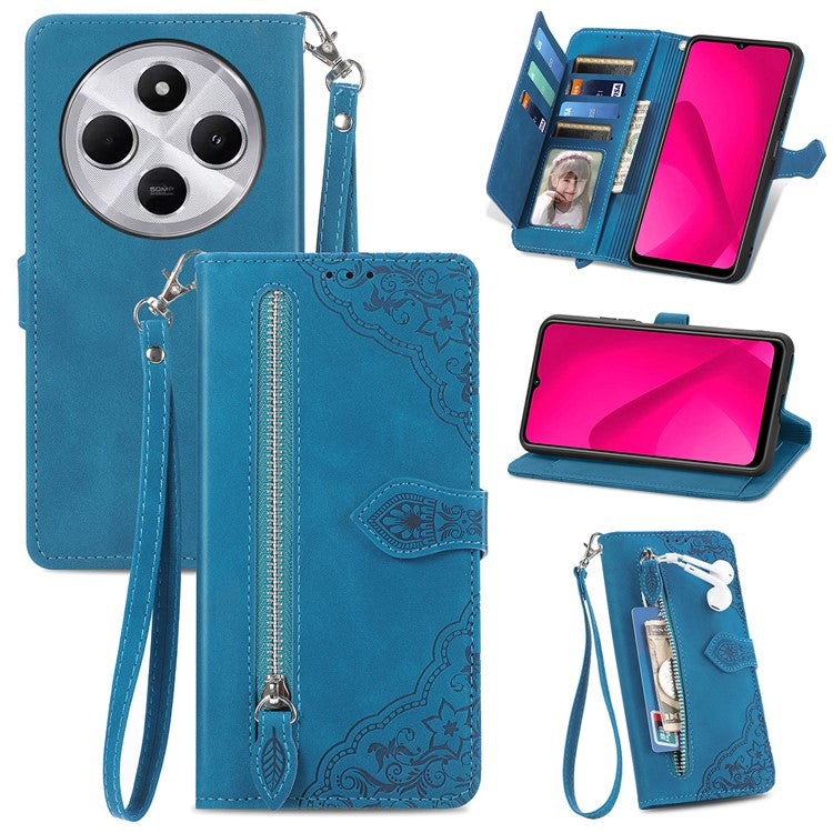 Zipper Wallet Phone Case For Xiaomi Redmi 14C 4G / 14R 5G / Poco C75 4G PU Leather Flower Imprint Phone Cover - Blue