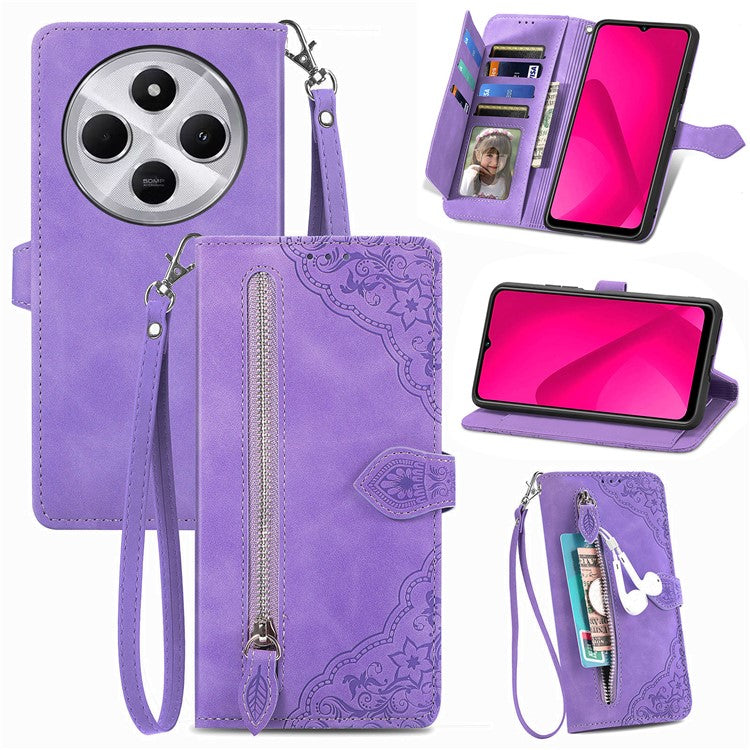 Zipper Wallet Phone Case For Xiaomi Redmi 14C 4G / 14R 5G / Poco C75 4G PU Leather Flower Imprint Phone Cover - Light Purple