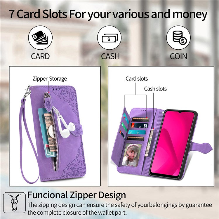 Zipper Wallet Phone Case For Xiaomi Redmi 14C 4G / 14R 5G / Poco C75 4G PU Leather Flower Imprint Phone Cover - Light Purple