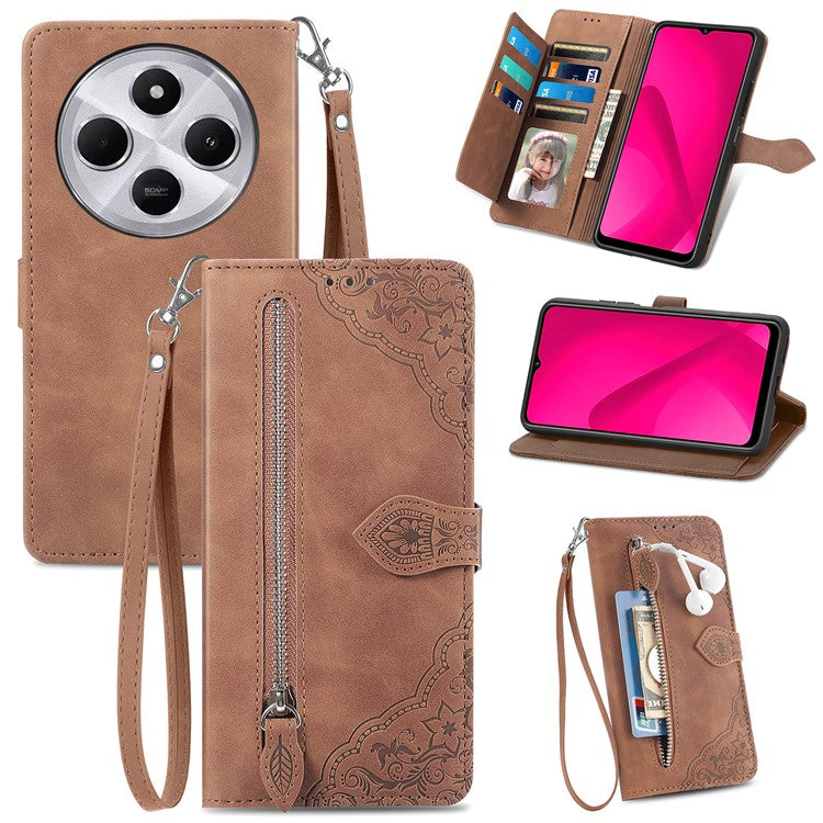 Zipper Wallet Phone Case For Xiaomi Redmi 14C 4G / 14R 5G / Poco C75 4G PU Leather Flower Imprint Phone Cover - Brown