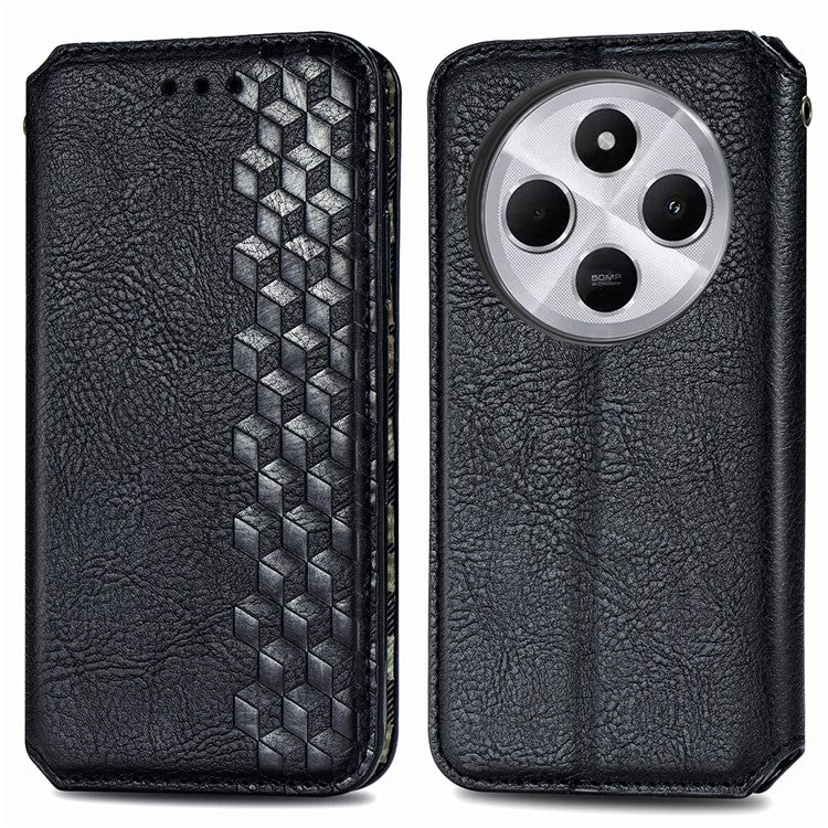 Rhombus Imprint for Xiaomi Redmi 14C 4G / 14R 5G / Poco C75 4G Case PU Leather Wallet Phone Cover - Black