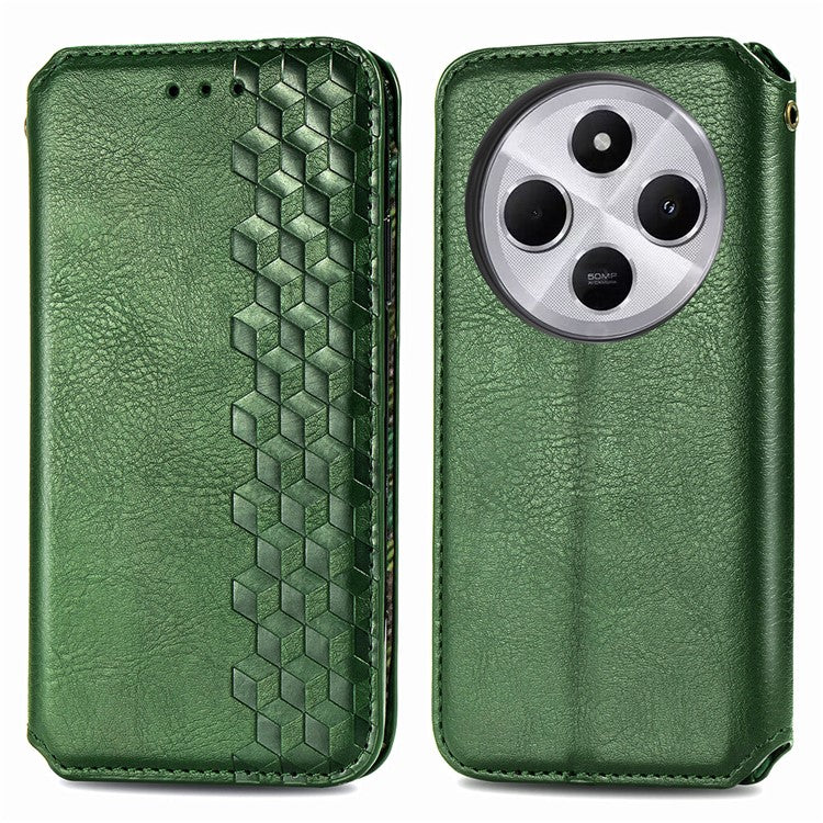 Rhombus Imprint for Xiaomi Redmi 14C 4G / 14R 5G / Poco C75 4G Case PU Leather Wallet Phone Cover - Green