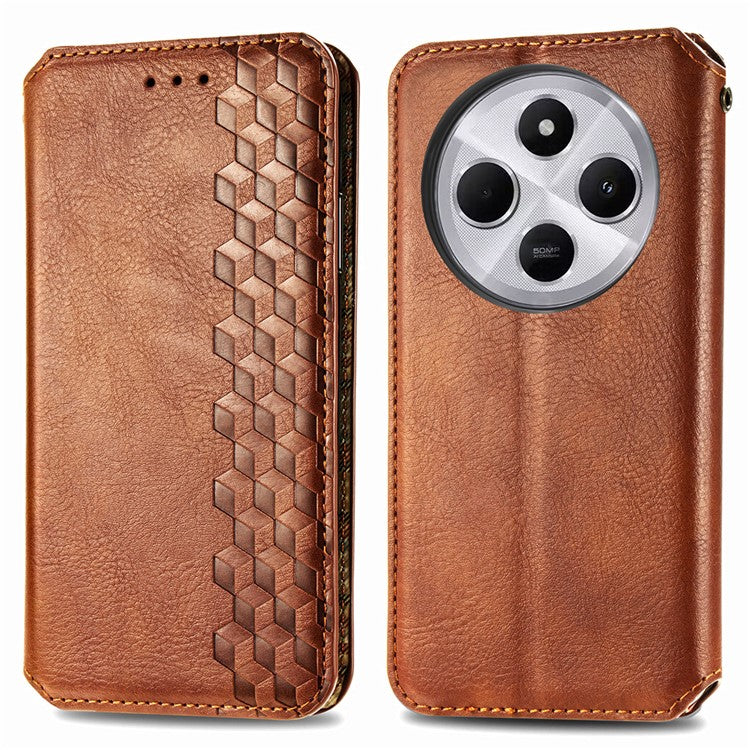 Rhombus Imprint for Xiaomi Redmi 14C 4G / 14R 5G / Poco C75 4G Case PU Leather Wallet Phone Cover - Brown