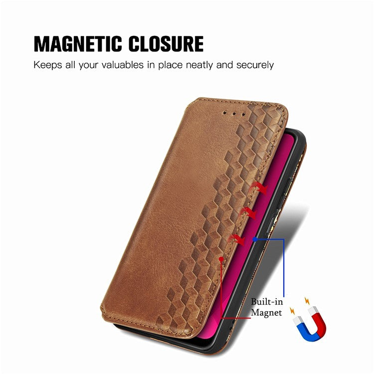 Rhombus Imprint for Xiaomi Redmi 14C 4G / 14R 5G / Poco C75 4G Case PU Leather Wallet Phone Cover - Brown