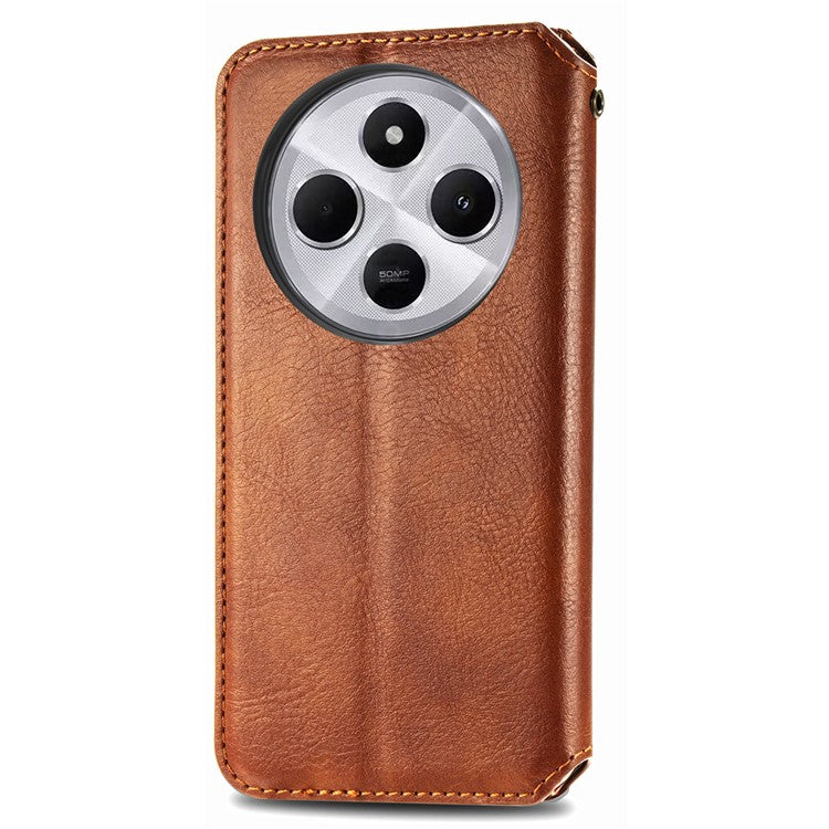 Rhombus Imprint for Xiaomi Redmi 14C 4G / 14R 5G / Poco C75 4G Case PU Leather Wallet Phone Cover - Brown