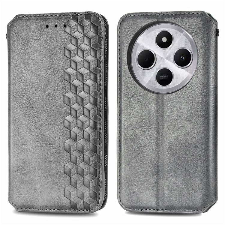 Rhombus Imprint for Xiaomi Redmi 14C 4G / 14R 5G / Poco C75 4G Case PU Leather Wallet Phone Cover - Grey