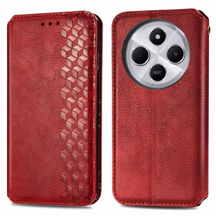 Rhombus Imprint for Xiaomi Redmi 14C 4G / 14R 5G / Poco C75 4G Case PU Leather Wallet Phone Cover - Red