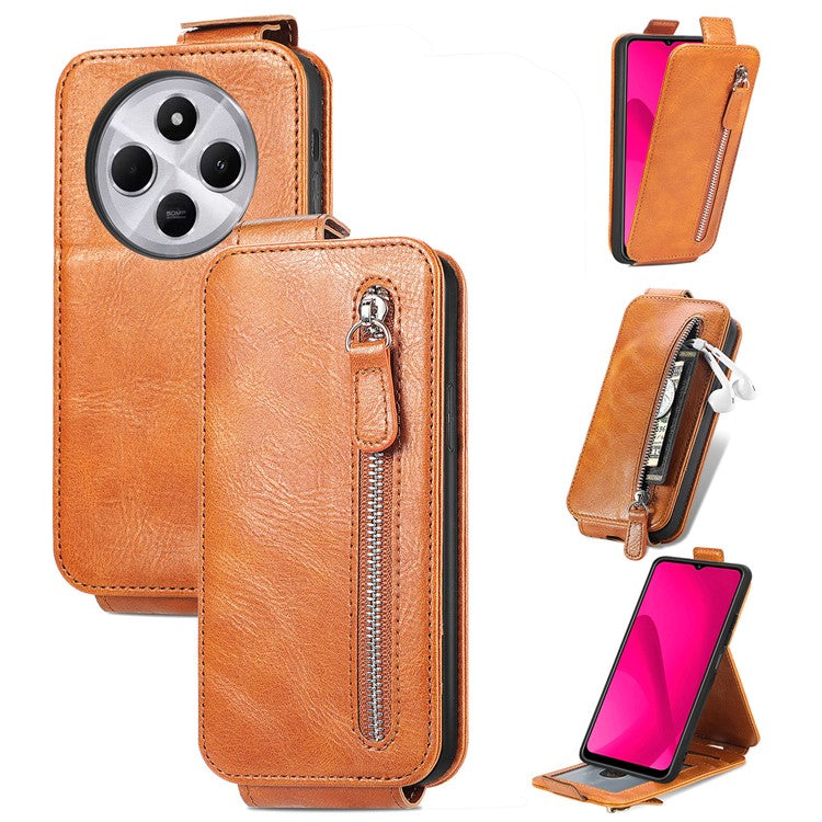 For Xiaomi Poco C75 4G / Redmi 14R 5G / 14C 4G Case Zipper Wallet Phone Leather Cover Vertical Flip Closing - Brown