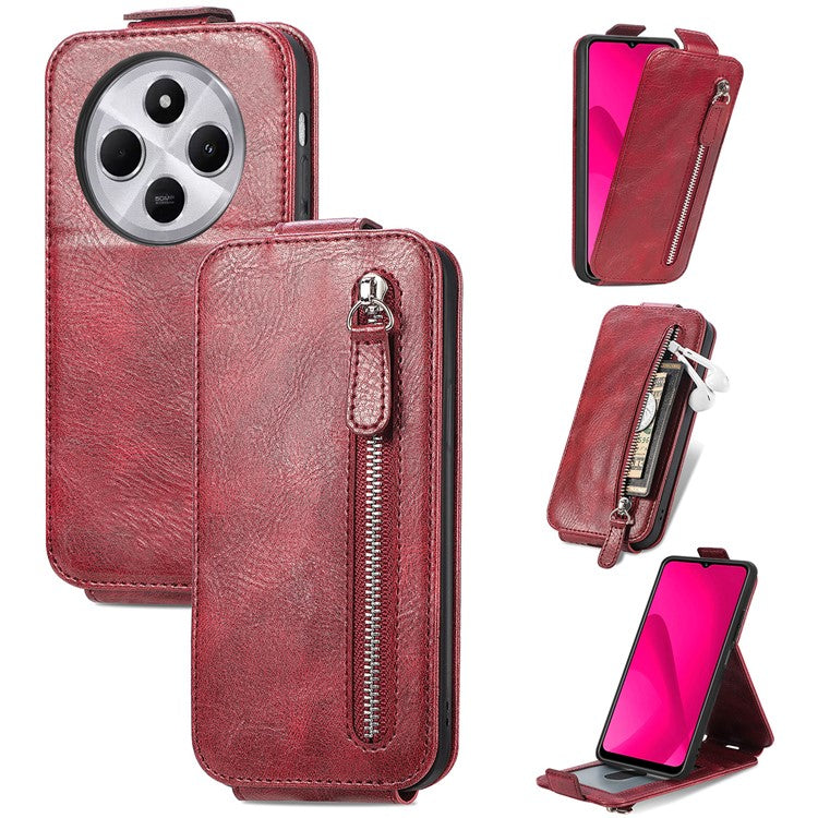 For Xiaomi Poco C75 4G / Redmi 14R 5G / 14C 4G Case Zipper Wallet Phone Leather Cover Vertical Flip Closing - Wine Red