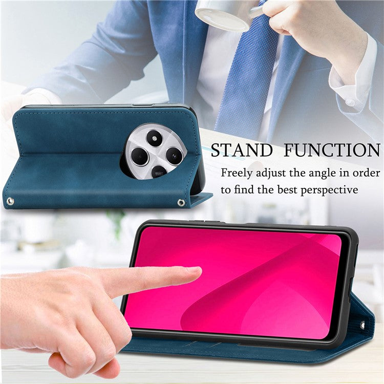 Leather Case For Xiaomi Redmi 14C 4G / 14R 5G / Poco C75 4G Skin Touch Feeling Card Holder Phone Cover Magnetic Absorption - Dark Blue