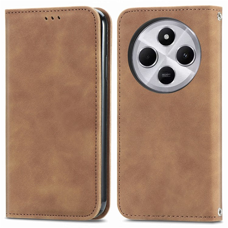 Leather Case For Xiaomi Redmi 14C 4G / 14R 5G / Poco C75 4G Skin Touch Feeling Card Holder Phone Cover Magnetic Absorption - Brown