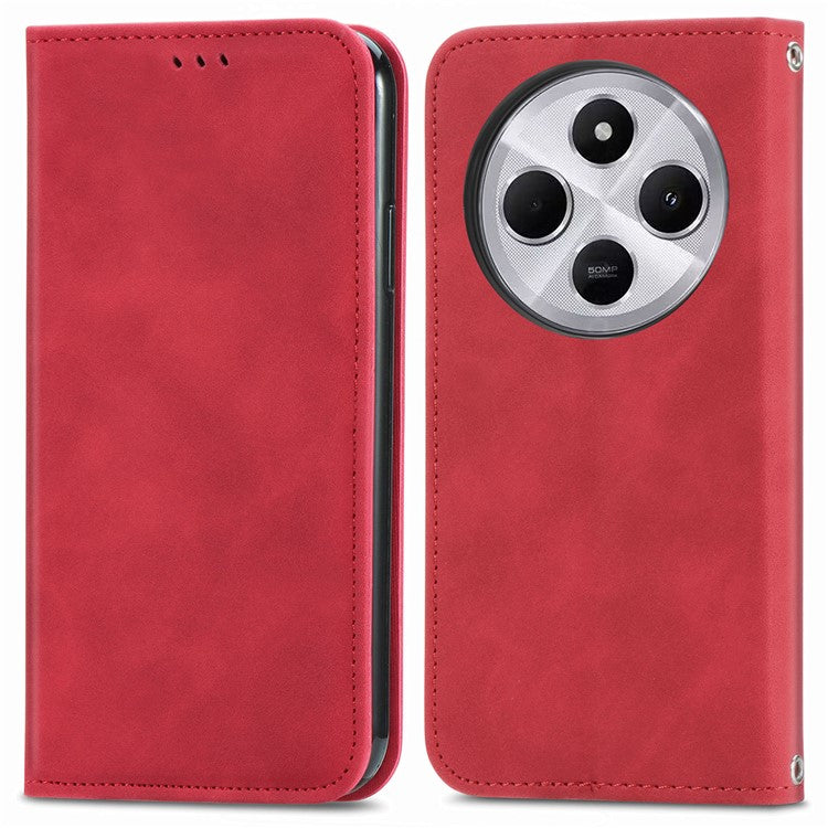 Leather Case For Xiaomi Redmi 14C 4G / 14R 5G / Poco C75 4G Skin Touch Feeling Card Holder Phone Cover Magnetic Absorption - Red