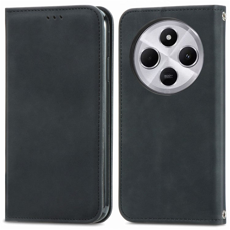 Leather Case For Xiaomi Redmi 14C 4G / 14R 5G / Poco C75 4G Skin Touch Feeling Card Holder Phone Cover Magnetic Absorption - Black