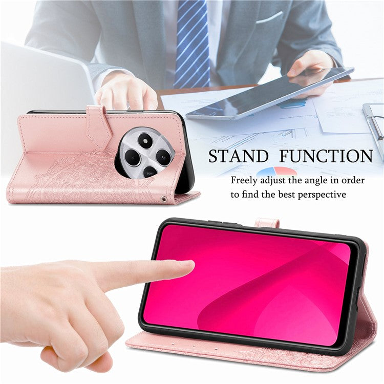 Wallet Phone Case For Xiaomi Redmi 14C 4G / 14R 5G / Poco C75 4G Mandala Flower Leather Phone Cover Stand View - Rose Gold